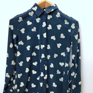 Lauren Conrad Blue White Hearts XS Button Up  B14